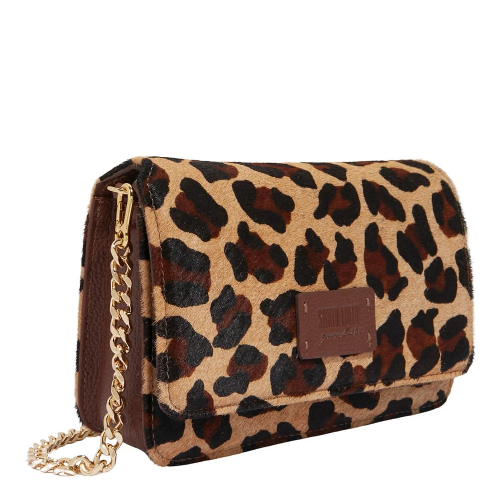 Bolsa Flap Bag Couro Estampa Pelo Onça Alça Corrente - vista 2 de 4