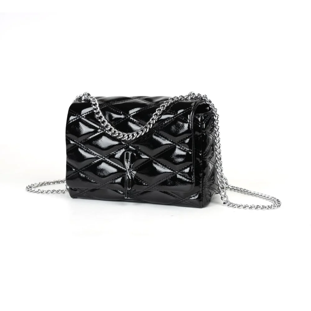 Bolsa Glossy Envernizada Preta Alça Corrente Transversal - vista 3 de 7