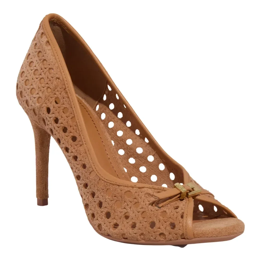 Peep Toe Couro Camurça Tressê Caramelo Salto Alto Fino - vista 1 de 2