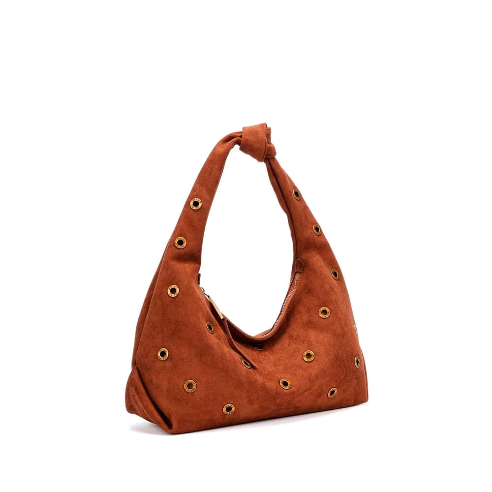 Bolsa Hobo Ilhós Camurça Marrom Brick Alça De Ombro - vista 2 de 5