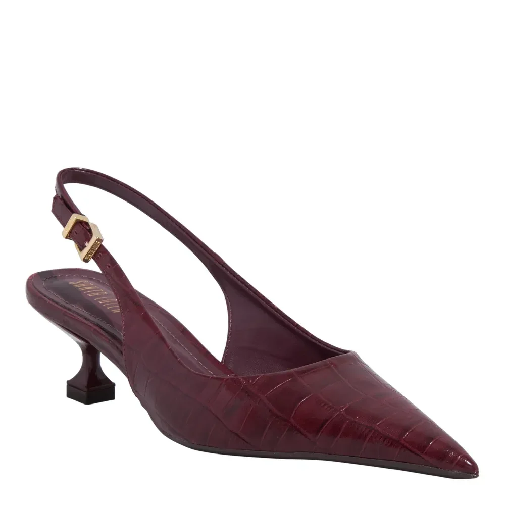Scarpin Slingback Couro Croco Roxo Berry Bico Fino Salto Baixo - vista 1 de 2