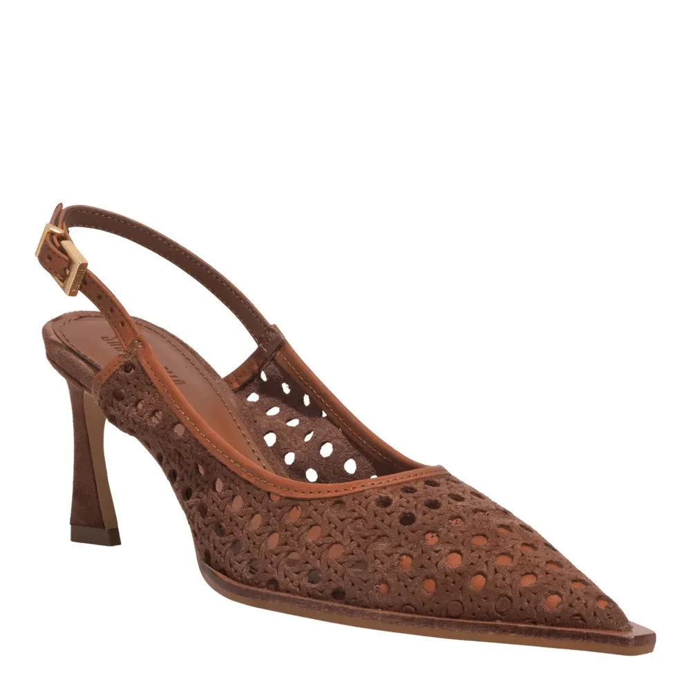 Scarpin Slingback Couro Camurça Tressê Salto Fino Marrom Safari - vista 2 de 3