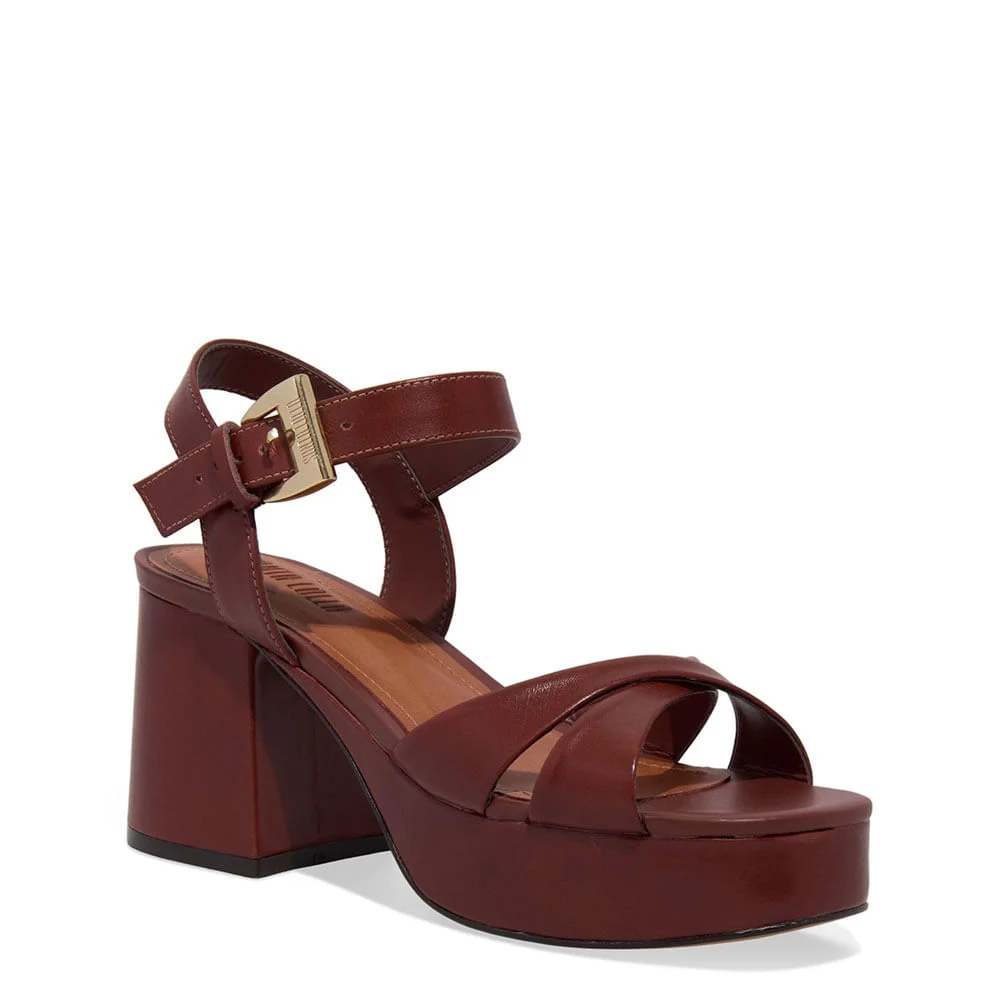 Sandália Anabela Plataforma Couro Nobre Marrom Terracota - vista 2 de 3