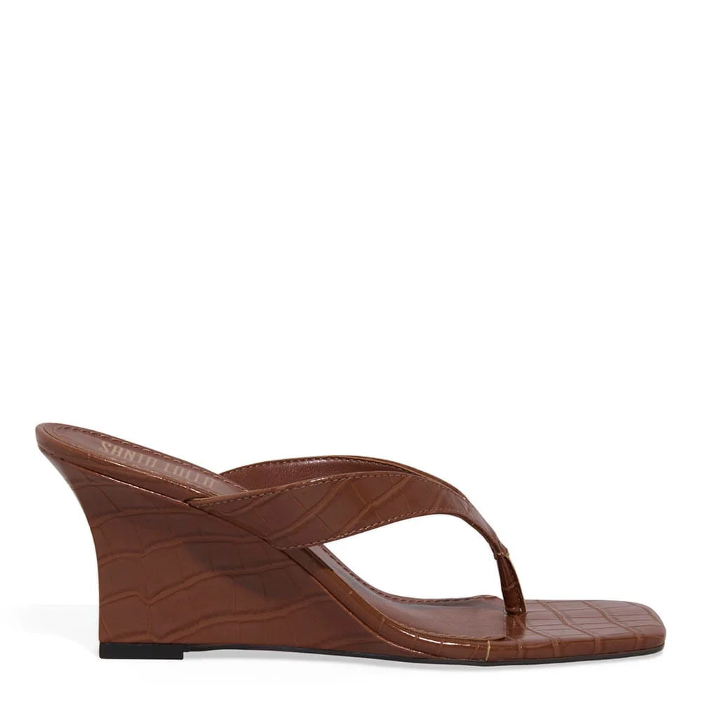 Mule Thong Croco Anabela Marrom - vista 1 de 3