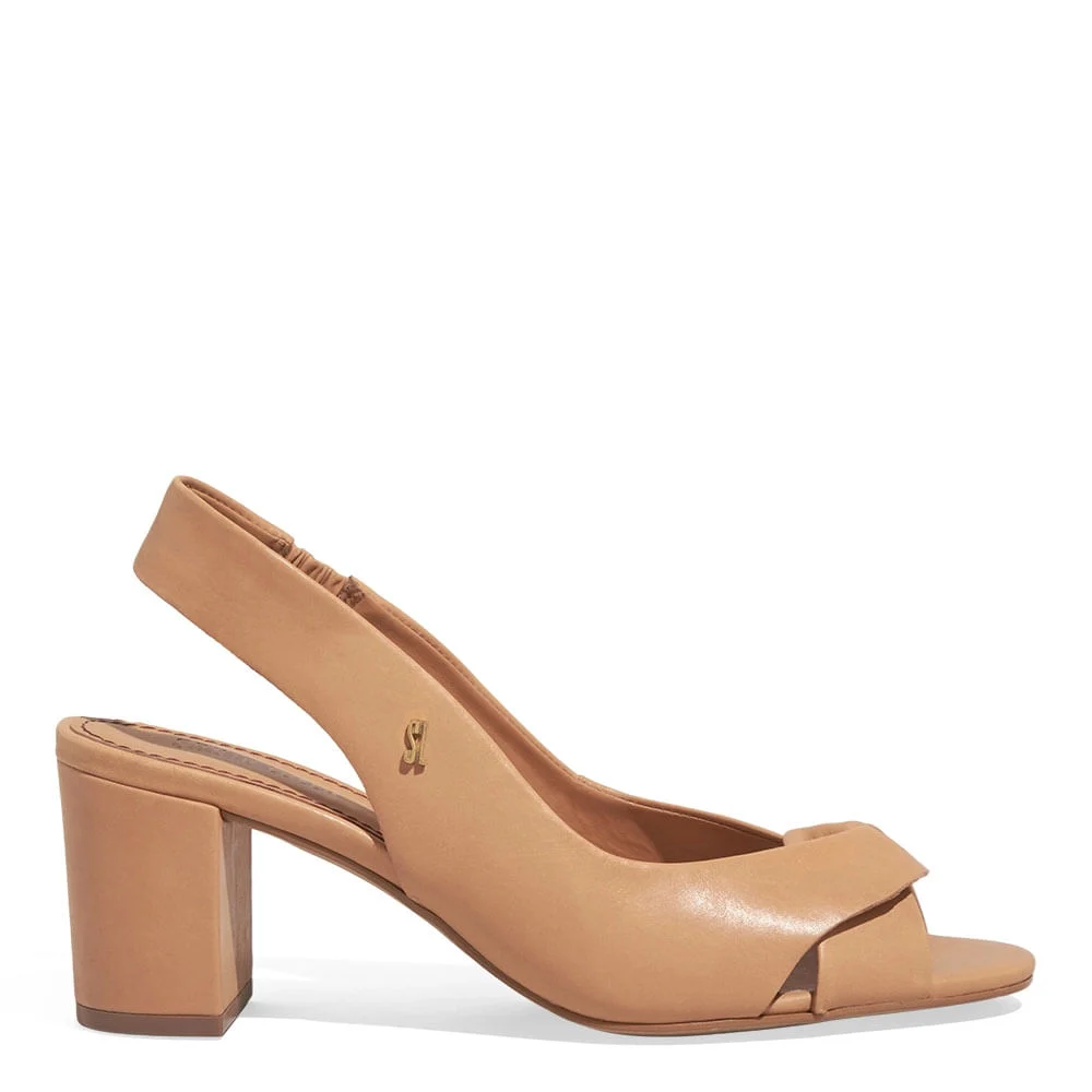 Peep Toe Slingback Couro Salto Bloco Bege - vista 1 de 4