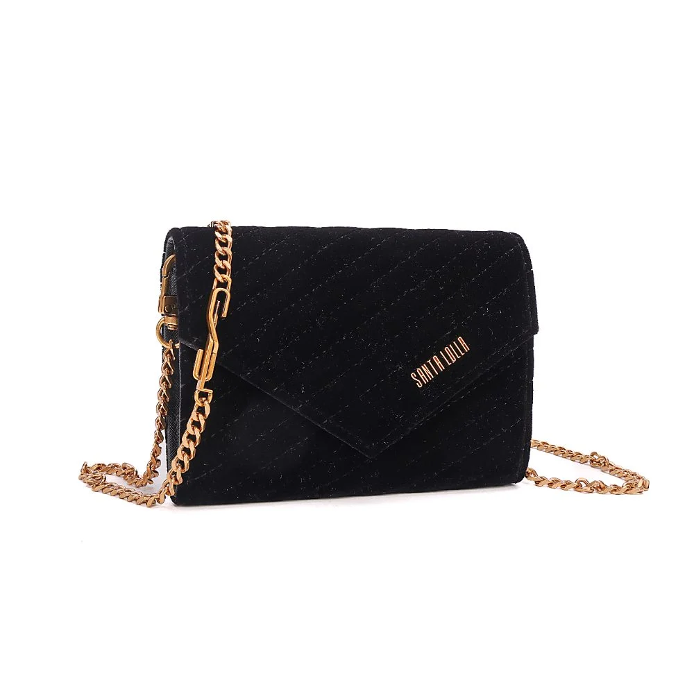 Bolsa Carteira Veludo Preto Alça Transversal Corrente - vista 3 de 7