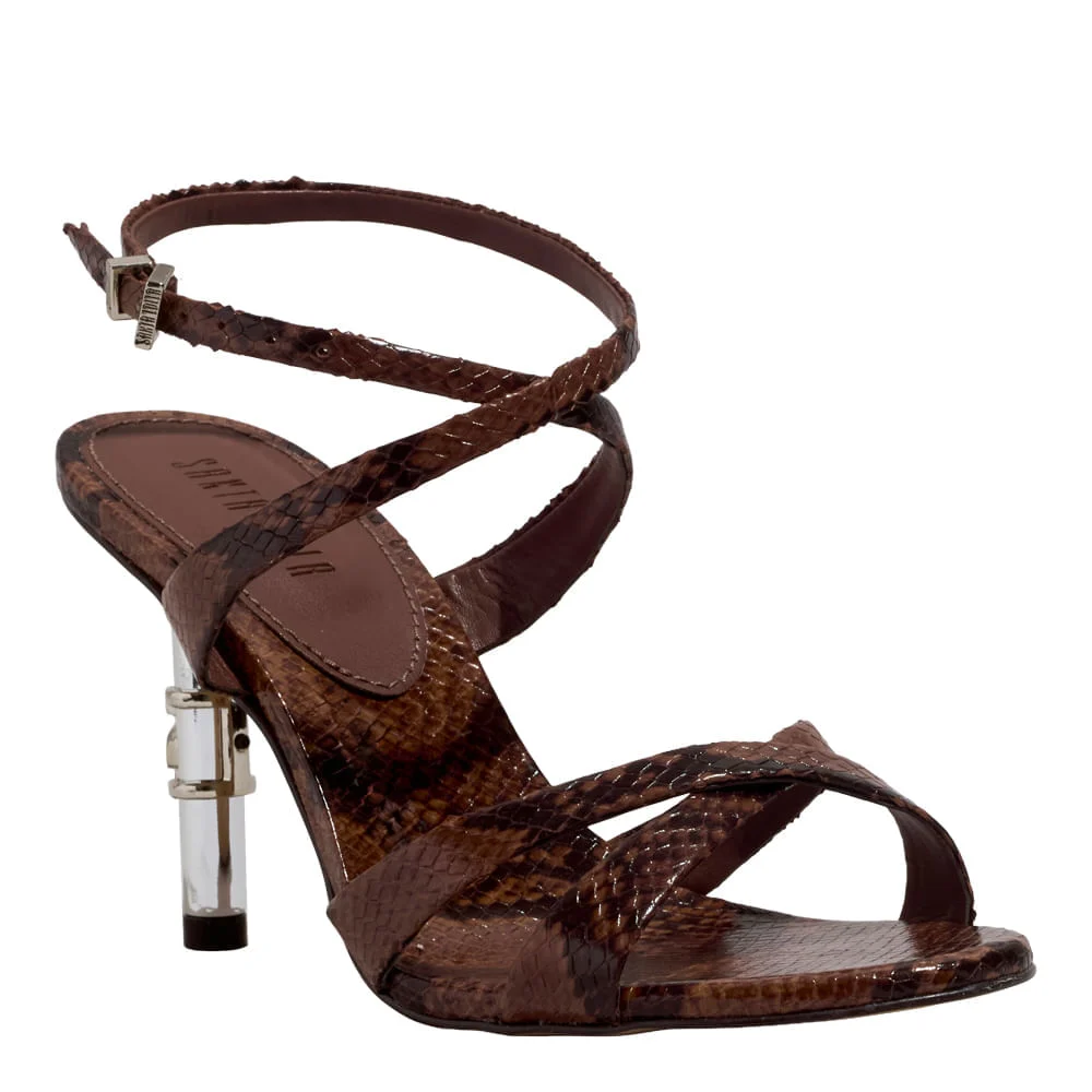 Sandália Couro New Snake Animal Print Marrom Castanho Salto Fino Metal - vista 2 de 4
