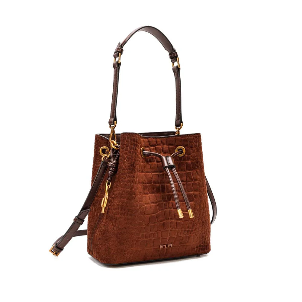 Bolsa Bucket Média Nobuck Croco Marrom Dark - vista 3 de 9