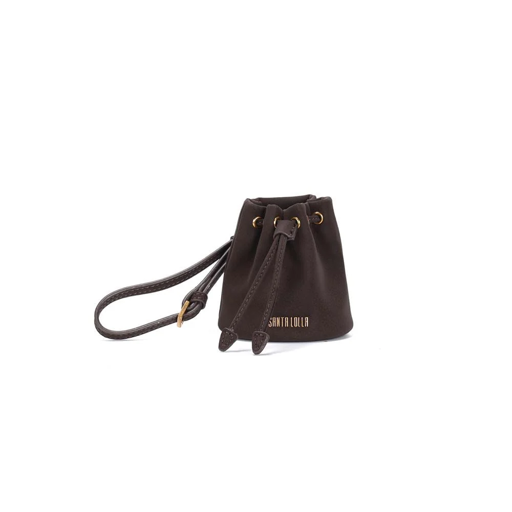 Chaveiro Mini Bolsa Bucket Nobuck Marrom Dark Alça Transversal - vista 1 de 3