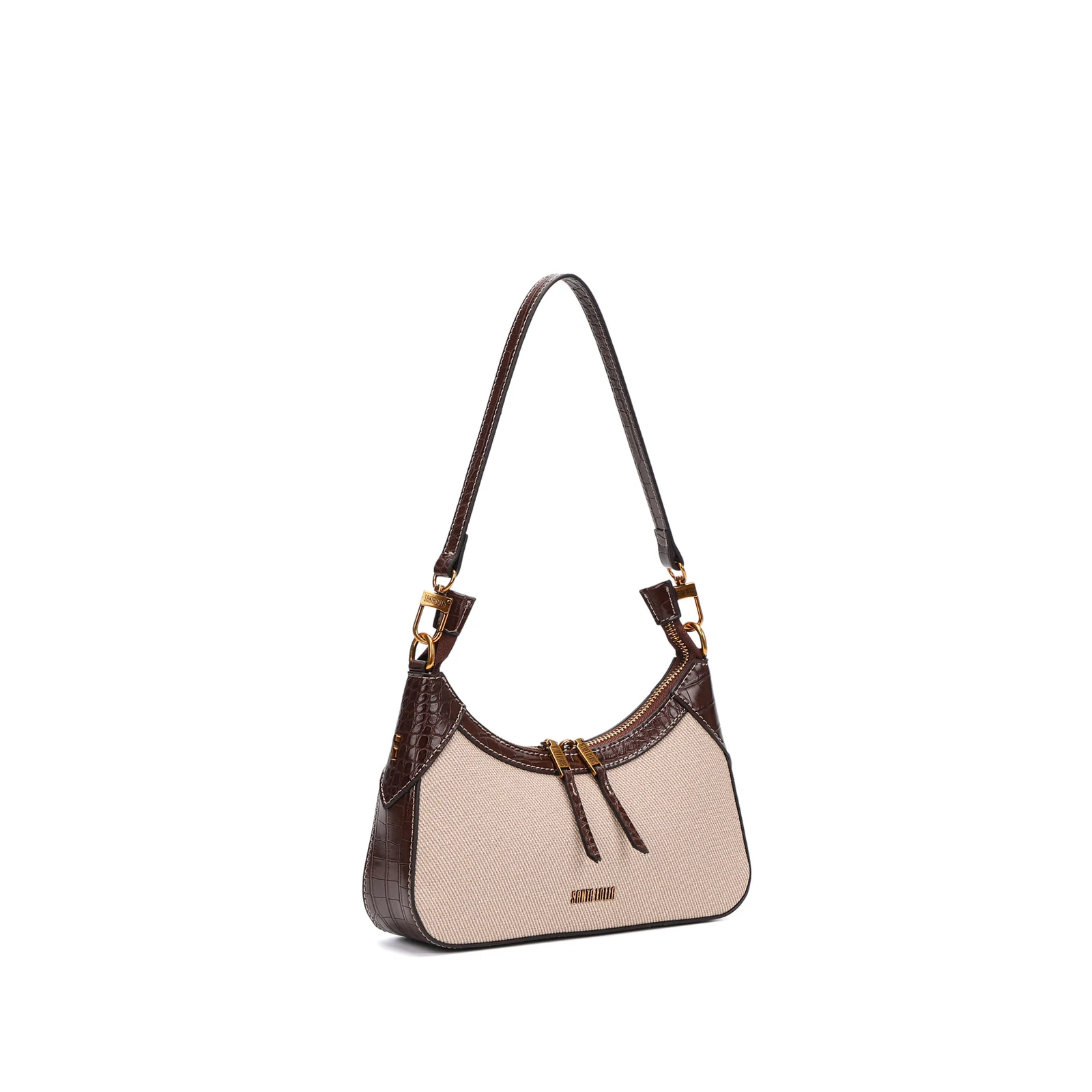 Bolsa De Ombro Pequena Canvas Bege Recortes Croco - vista 2 de 5