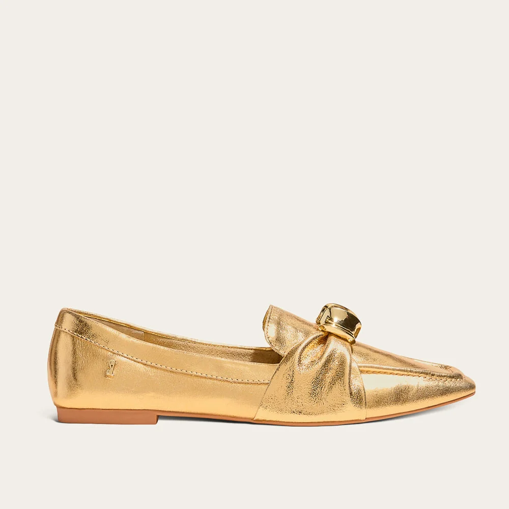 Mocassim Metal Couro Metalizado Bico Quadrado Dourado - vista 1 de 2