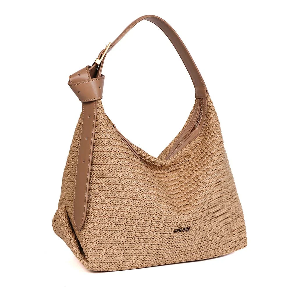 Bolsa Hobo Média Tramado Alça de Ombro Bege Areia - vista 2 de 7