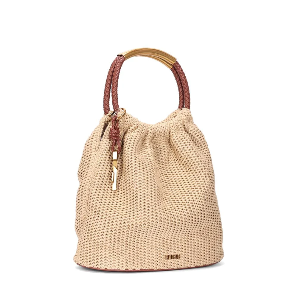 Bolsa Bucket Média Palha Tramado Bege Transversal - vista 2 de 2