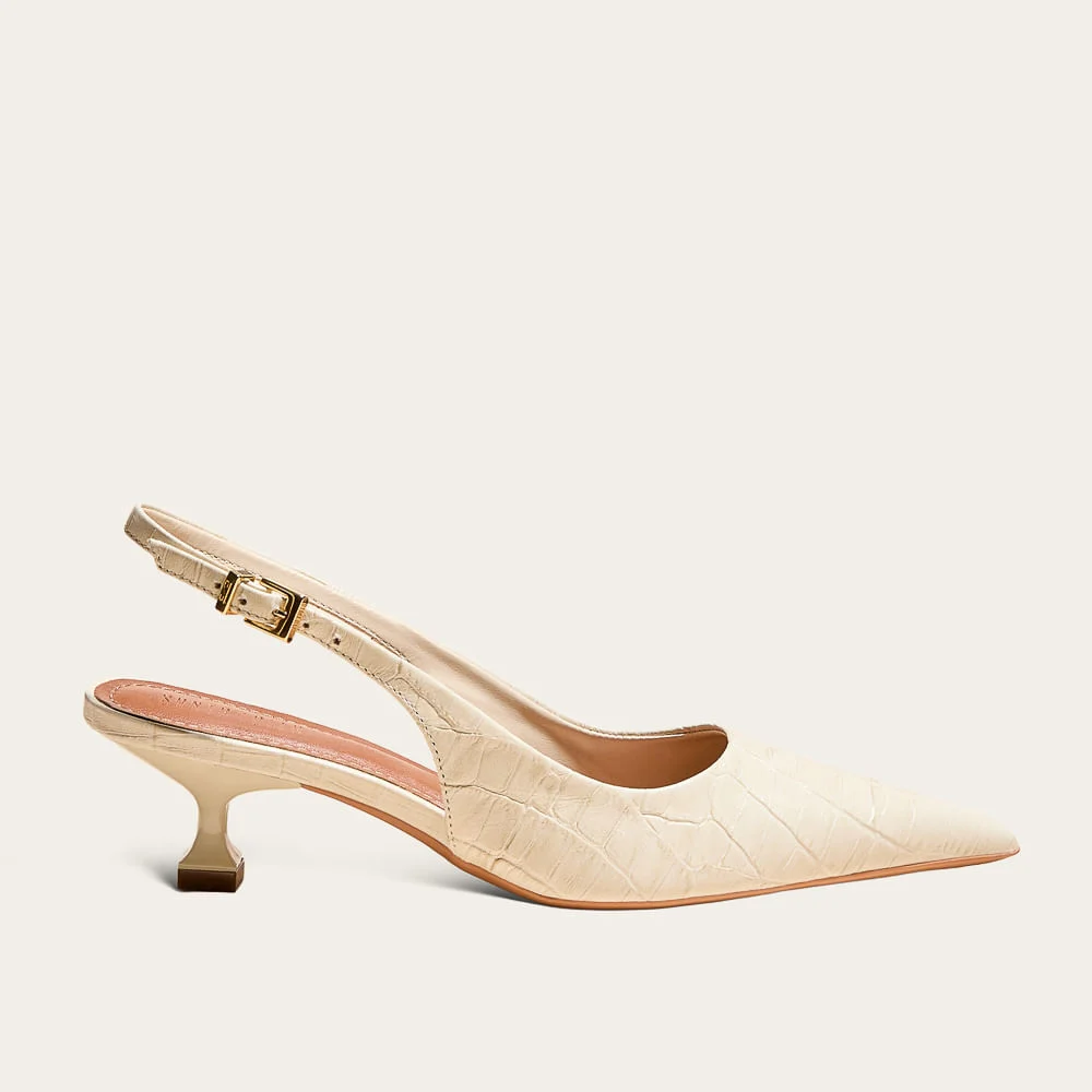 Scarpin Slingback Croco Italiano Marfim Salto Kitten - vista 1 de 3