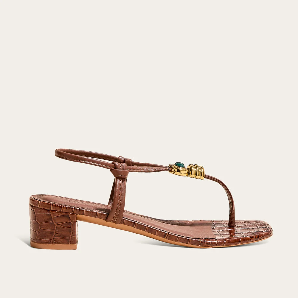 Sandália Napa Croco Marrom Salto Bloco Metal - vista 1 de 4