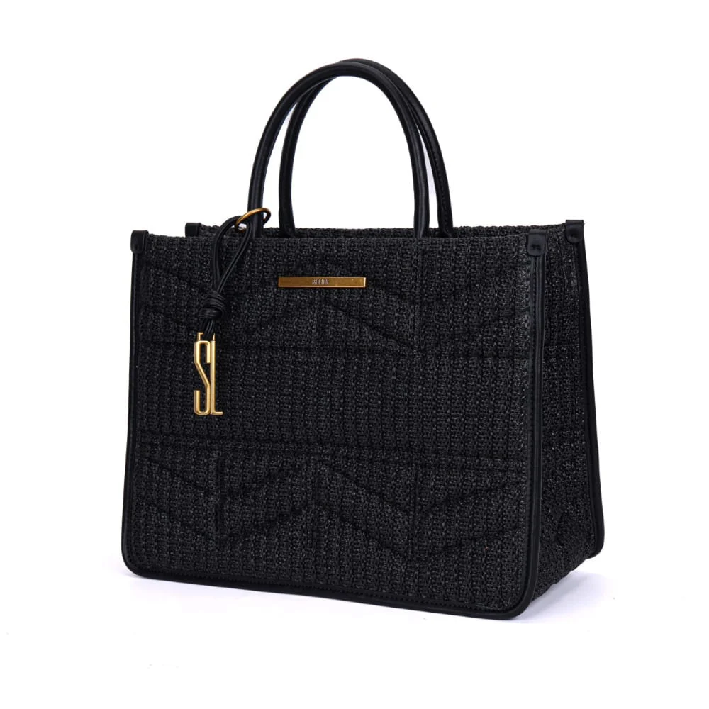 Bolsa Tote Preta Tramada Alça De Mão - vista 3 de 7